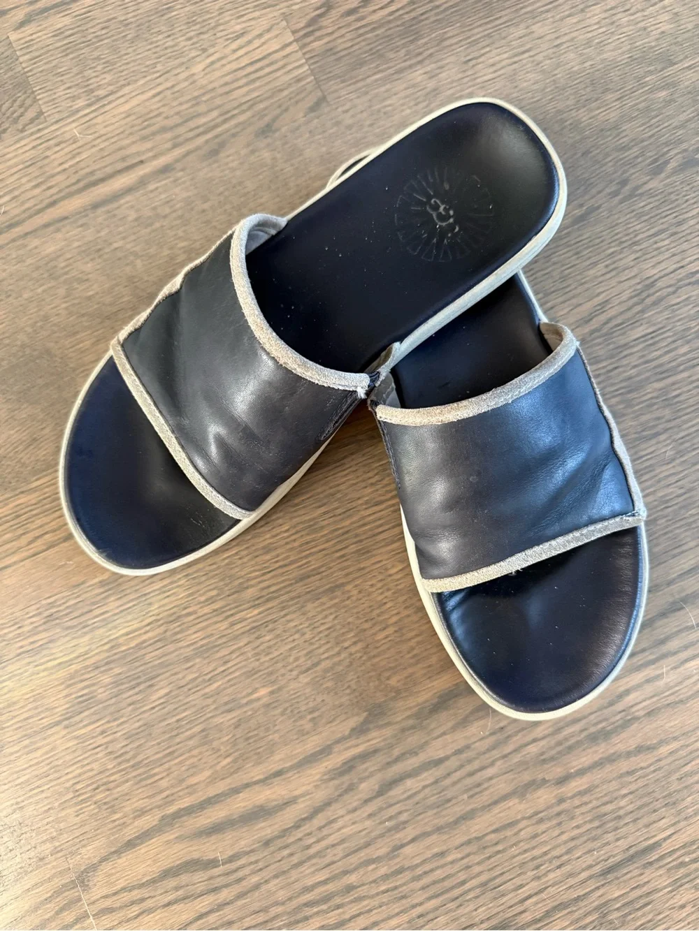 UGG Navy Blue Slide Sandals with Cream Trim